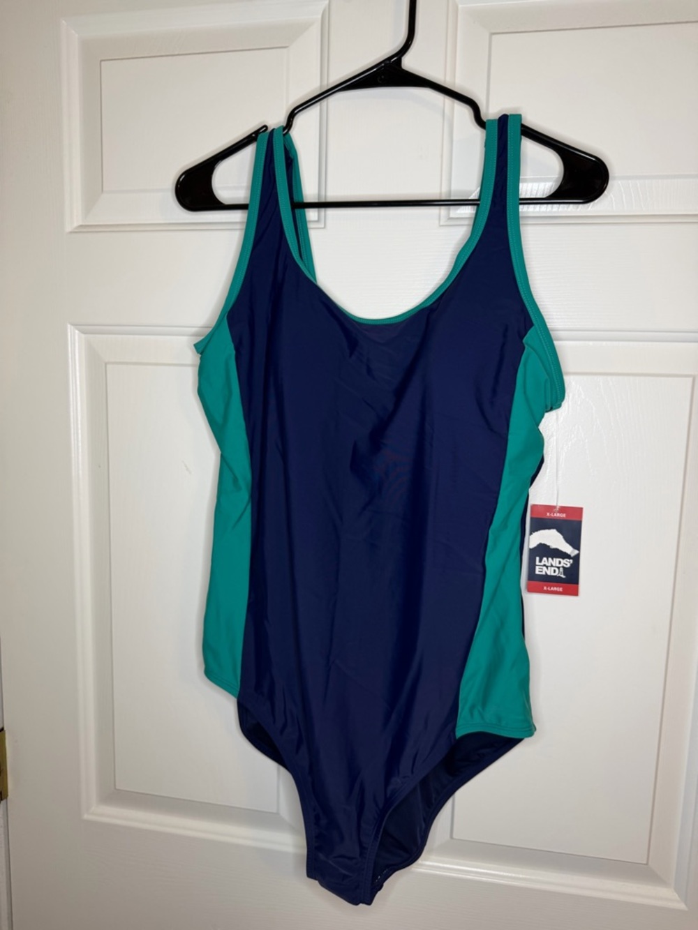 Lands' End Navy & Teal Panel One-Piece Swimsuit NWT built in bra
